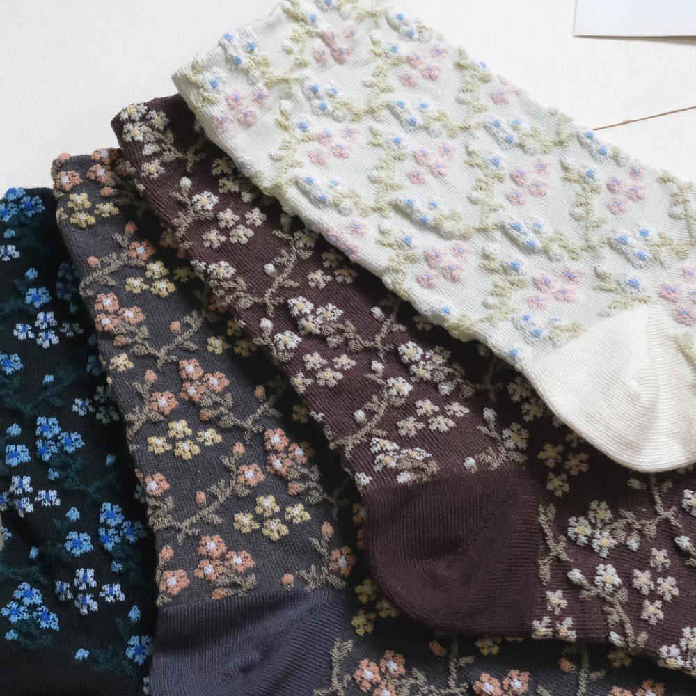 AHUA阿華有事嗎 滿版立體花朵藤蔓腳跟拼色中筒襪 K2158 正韓襪子 百搭純棉襪 韓妞必備 少女襪-細節圖4