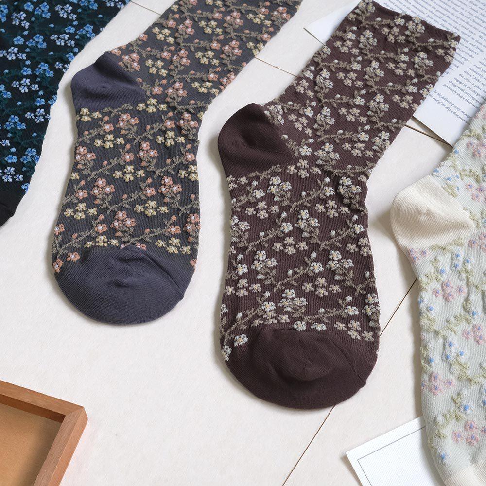 AHUA阿華有事嗎 滿版立體花朵藤蔓腳跟拼色中筒襪 K2158 正韓襪子 百搭純棉襪 韓妞必備 少女襪-細節圖5