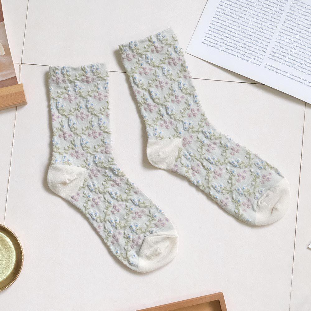 AHUA阿華有事嗎 滿版立體花朵藤蔓腳跟拼色中筒襪 K2158 正韓襪子 百搭純棉襪 韓妞必備 少女襪-細節圖6