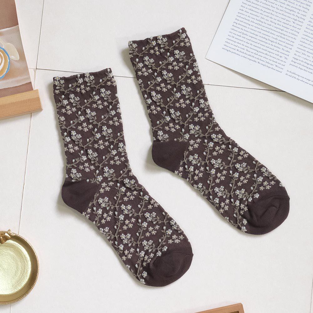 AHUA阿華有事嗎 滿版立體花朵藤蔓腳跟拼色中筒襪 K2158 正韓襪子 百搭純棉襪 韓妞必備 少女襪-細節圖7