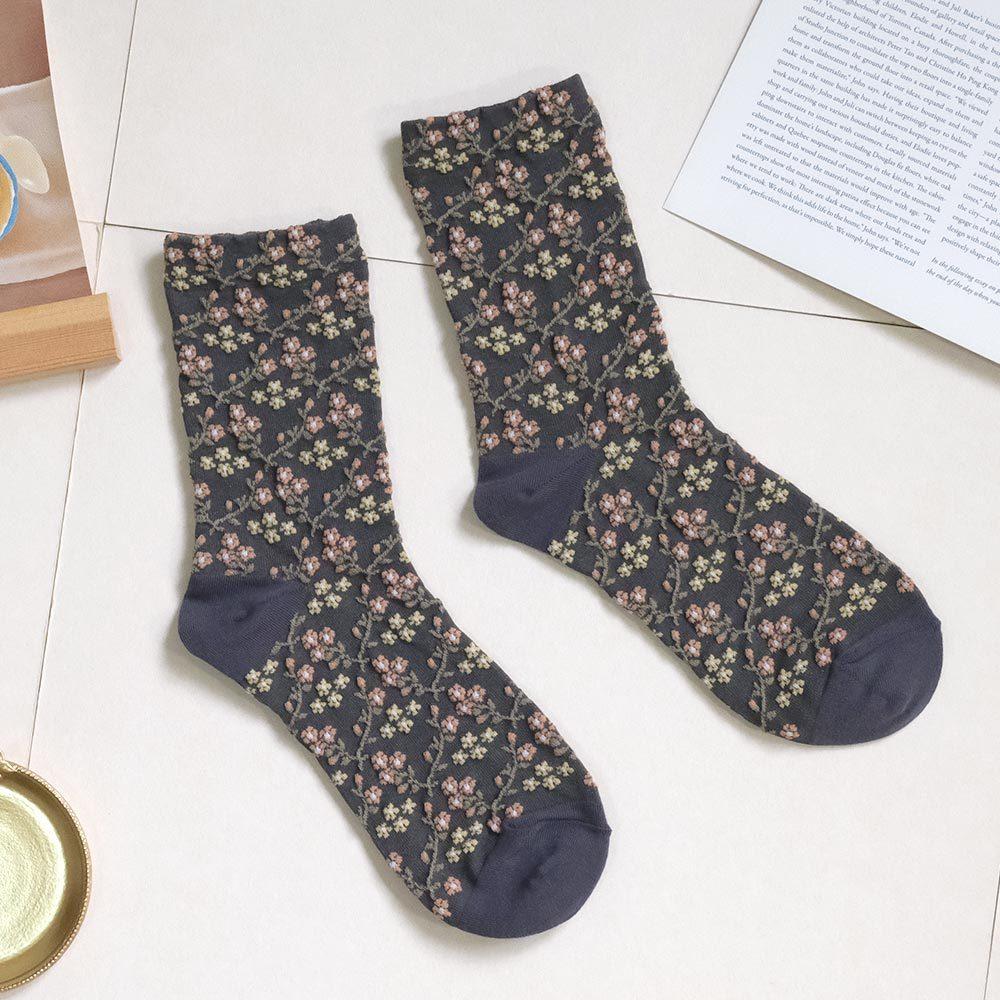 AHUA阿華有事嗎 滿版立體花朵藤蔓腳跟拼色中筒襪 K2158 正韓襪子 百搭純棉襪 韓妞必備 少女襪-細節圖9