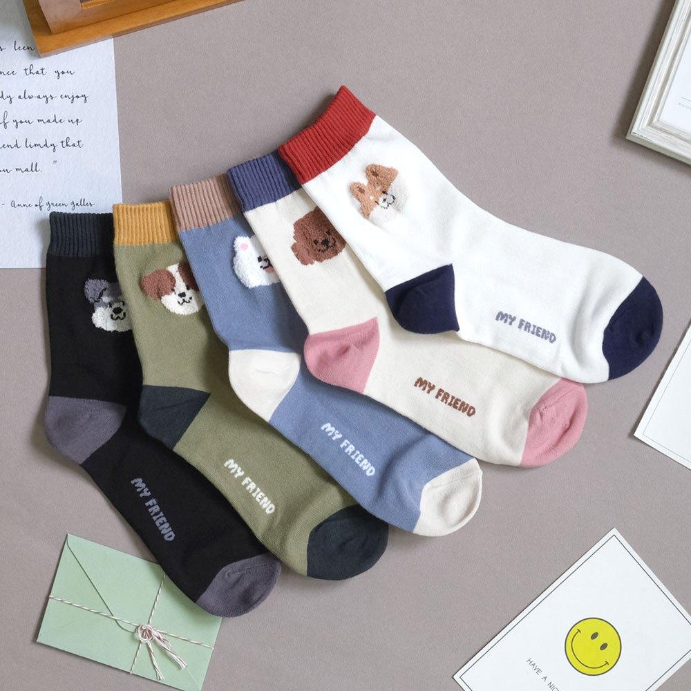 AHUA阿華有事嗎 立體毛毛大頭狗狗撞色坑條襪口中筒襪 K2141 正韓襪子 百搭純棉襪 韓妞必備 少女襪-細節圖3