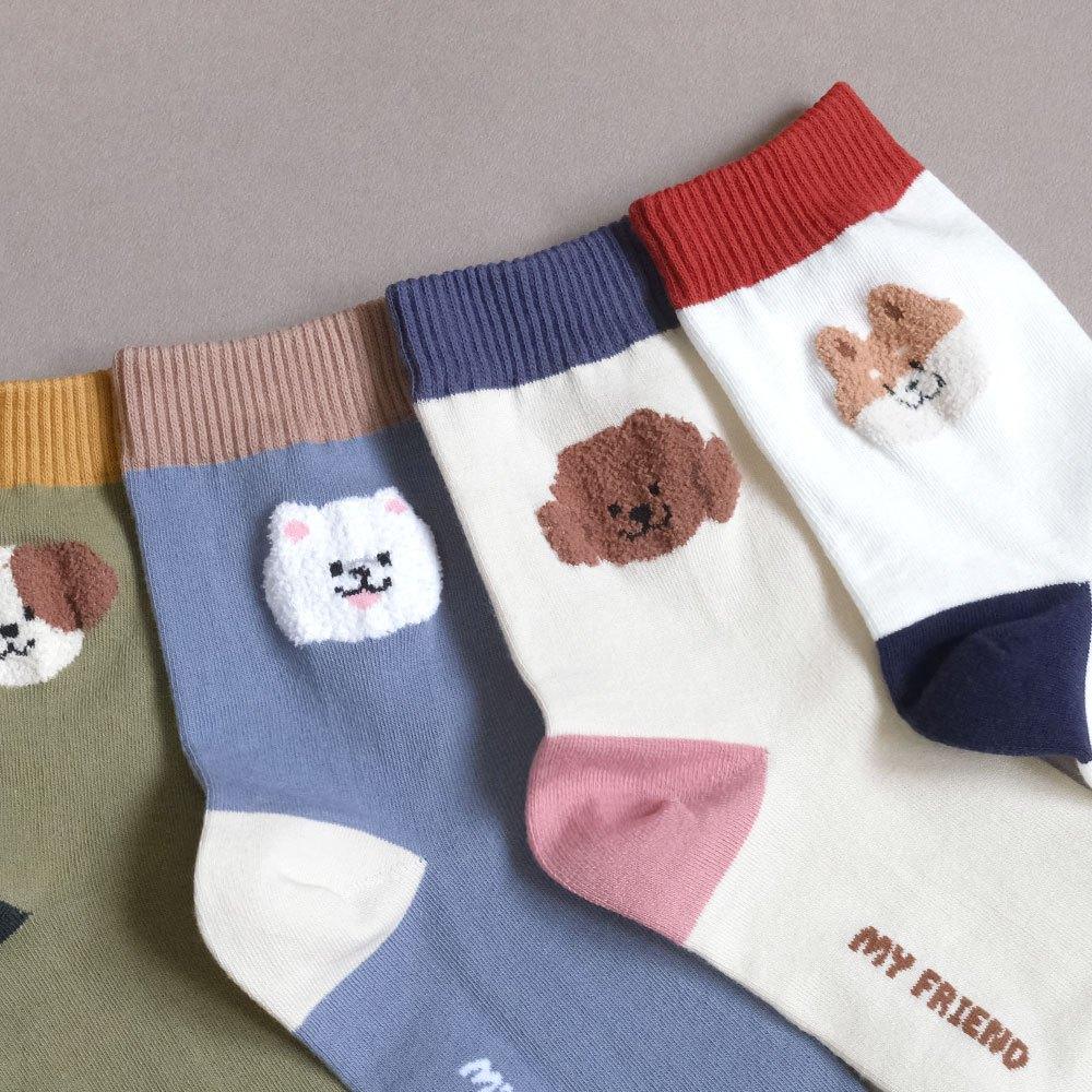AHUA阿華有事嗎 立體毛毛大頭狗狗撞色坑條襪口中筒襪 K2141 正韓襪子 百搭純棉襪 韓妞必備 少女襪-細節圖5