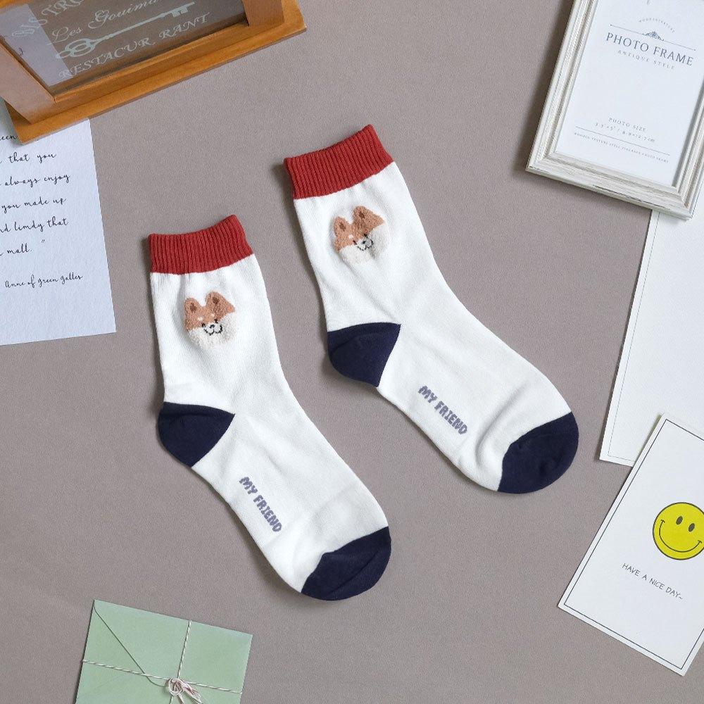 AHUA阿華有事嗎 立體毛毛大頭狗狗撞色坑條襪口中筒襪 K2141 正韓襪子 百搭純棉襪 韓妞必備 少女襪-細節圖6