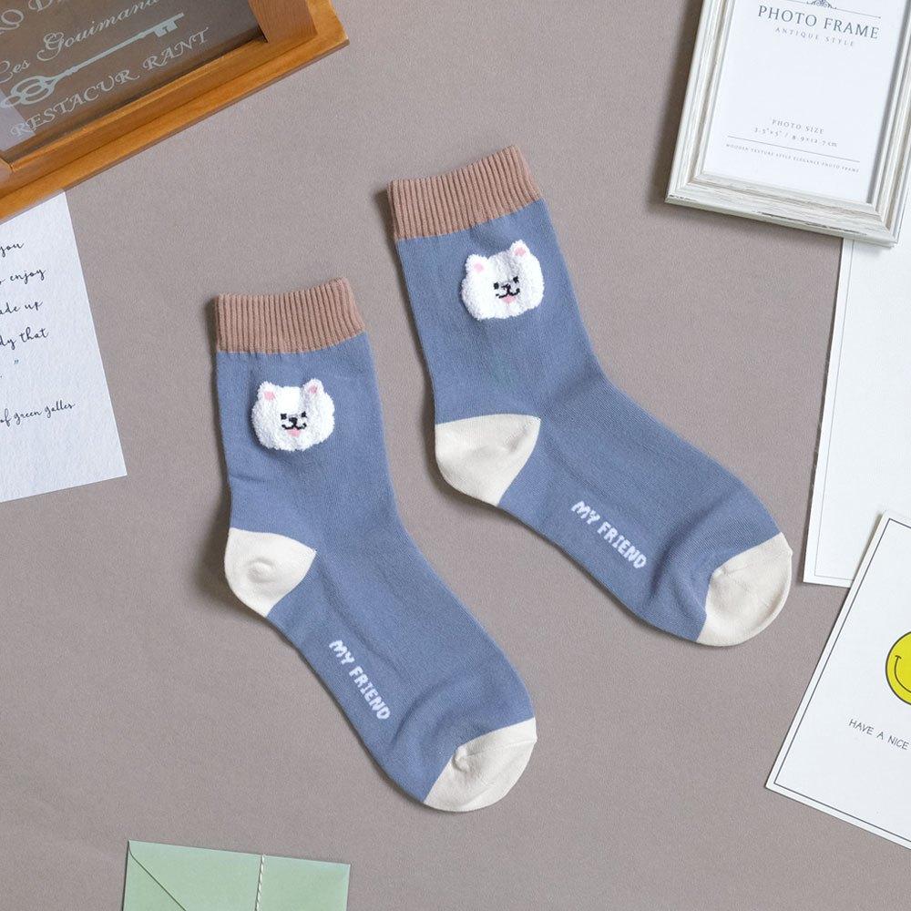 AHUA阿華有事嗎 立體毛毛大頭狗狗撞色坑條襪口中筒襪 K2141 正韓襪子 百搭純棉襪 韓妞必備 少女襪-細節圖7