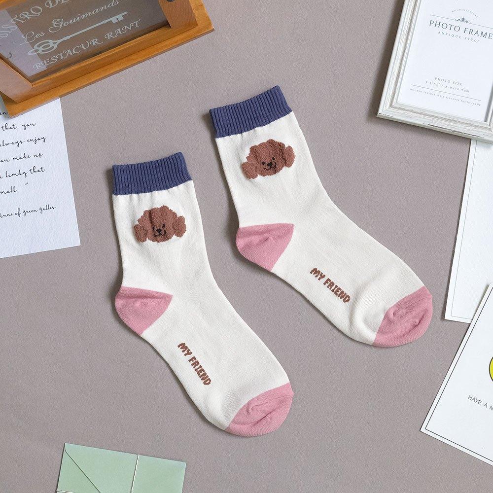 AHUA阿華有事嗎 立體毛毛大頭狗狗撞色坑條襪口中筒襪 K2141 正韓襪子 百搭純棉襪 韓妞必備 少女襪-細節圖9