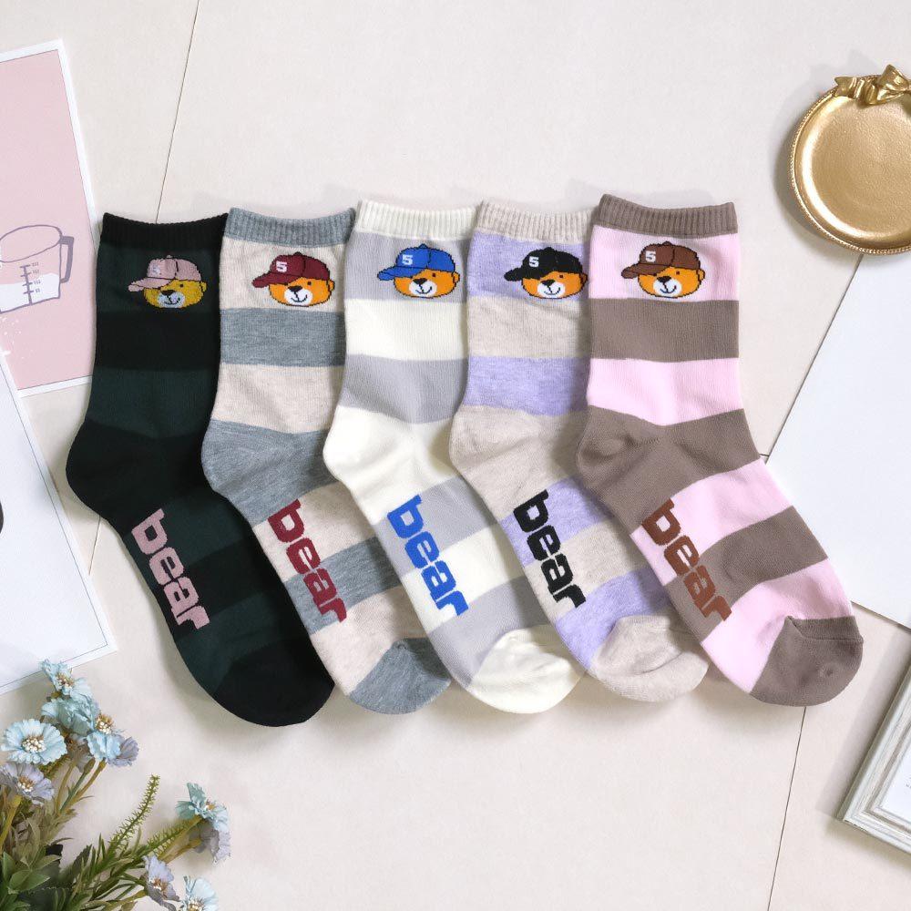 AHUA阿華有事嗎 bear復古帽子小熊撞色條紋中筒襪 K2170 正韓襪子 百搭純棉襪 韓妞必備 少女襪-細節圖3