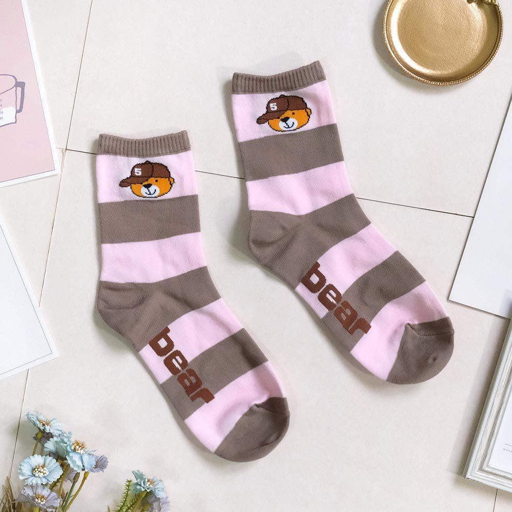 AHUA阿華有事嗎 bear復古帽子小熊撞色條紋中筒襪 K2170 正韓襪子 百搭純棉襪 韓妞必備 少女襪-細節圖6