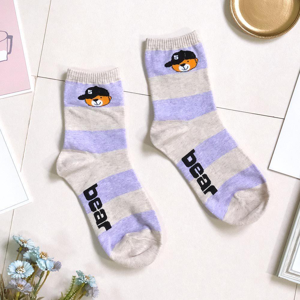 AHUA阿華有事嗎 bear復古帽子小熊撞色條紋中筒襪 K2170 正韓襪子 百搭純棉襪 韓妞必備 少女襪-細節圖7