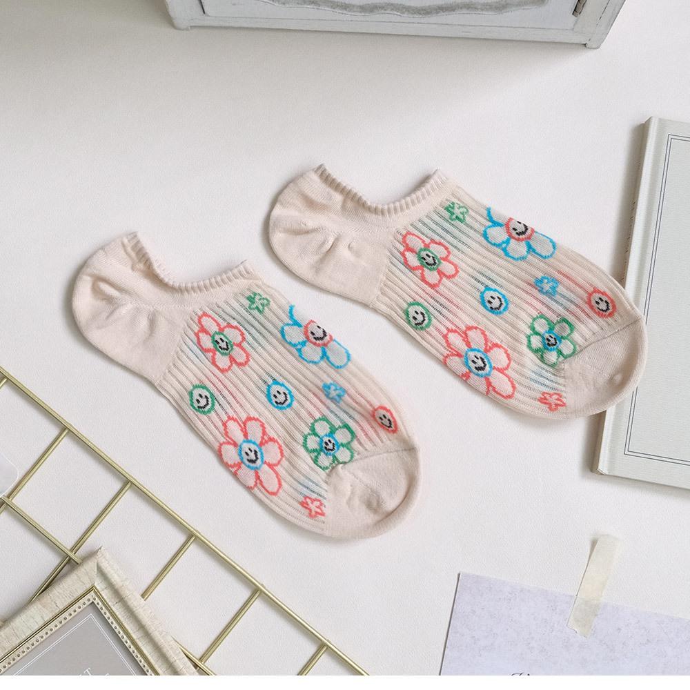 AHUA阿華有事嗎 滿版手繪縷空笑臉花花船型襪 K2113 正韓襪子 百搭純棉襪 韓妞必備 少女襪-細節圖9