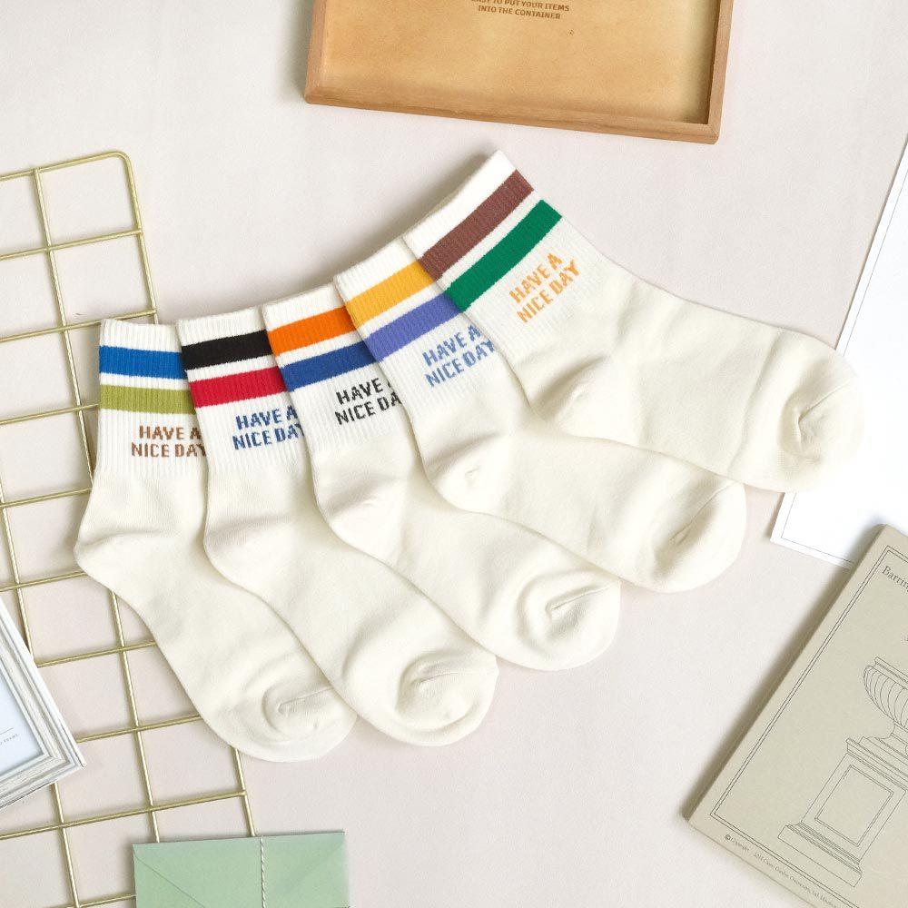 AHUA阿華有事嗎 HAVE A NICE DAY雙色條紋中筒襪 K2137 正韓襪子 百搭純棉襪 韓妞必備 少女襪-細節圖3