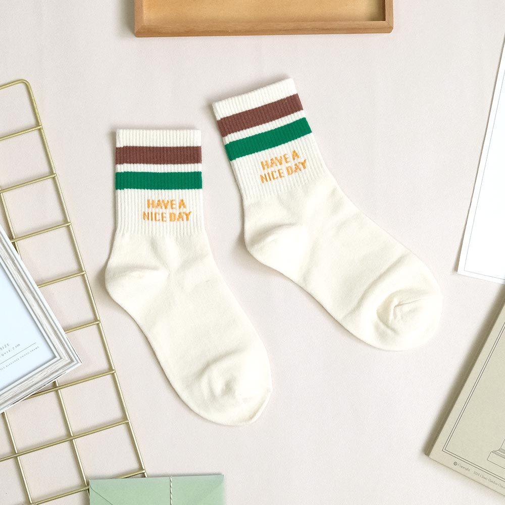 AHUA阿華有事嗎 HAVE A NICE DAY雙色條紋中筒襪 K2137 正韓襪子 百搭純棉襪 韓妞必備 少女襪-細節圖5
