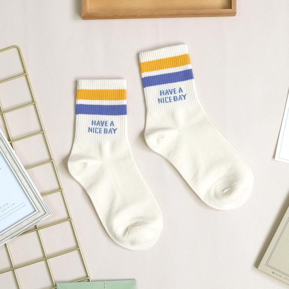 AHUA阿華有事嗎 HAVE A NICE DAY雙色條紋中筒襪 K2137 正韓襪子 百搭純棉襪 韓妞必備 少女襪-細節圖6