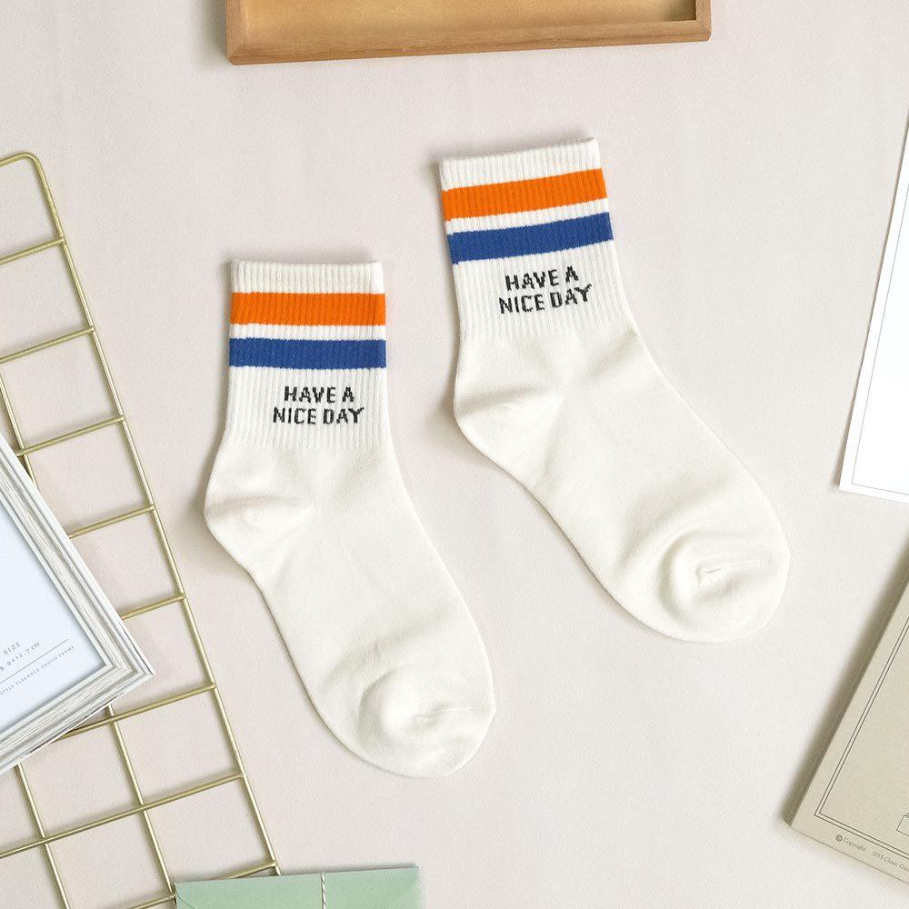 AHUA阿華有事嗎 HAVE A NICE DAY雙色條紋中筒襪 K2137 正韓襪子 百搭純棉襪 韓妞必備 少女襪-細節圖7
