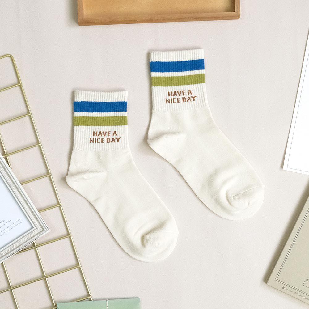 AHUA阿華有事嗎 HAVE A NICE DAY雙色條紋中筒襪 K2137 正韓襪子 百搭純棉襪 韓妞必備 少女襪-細節圖9