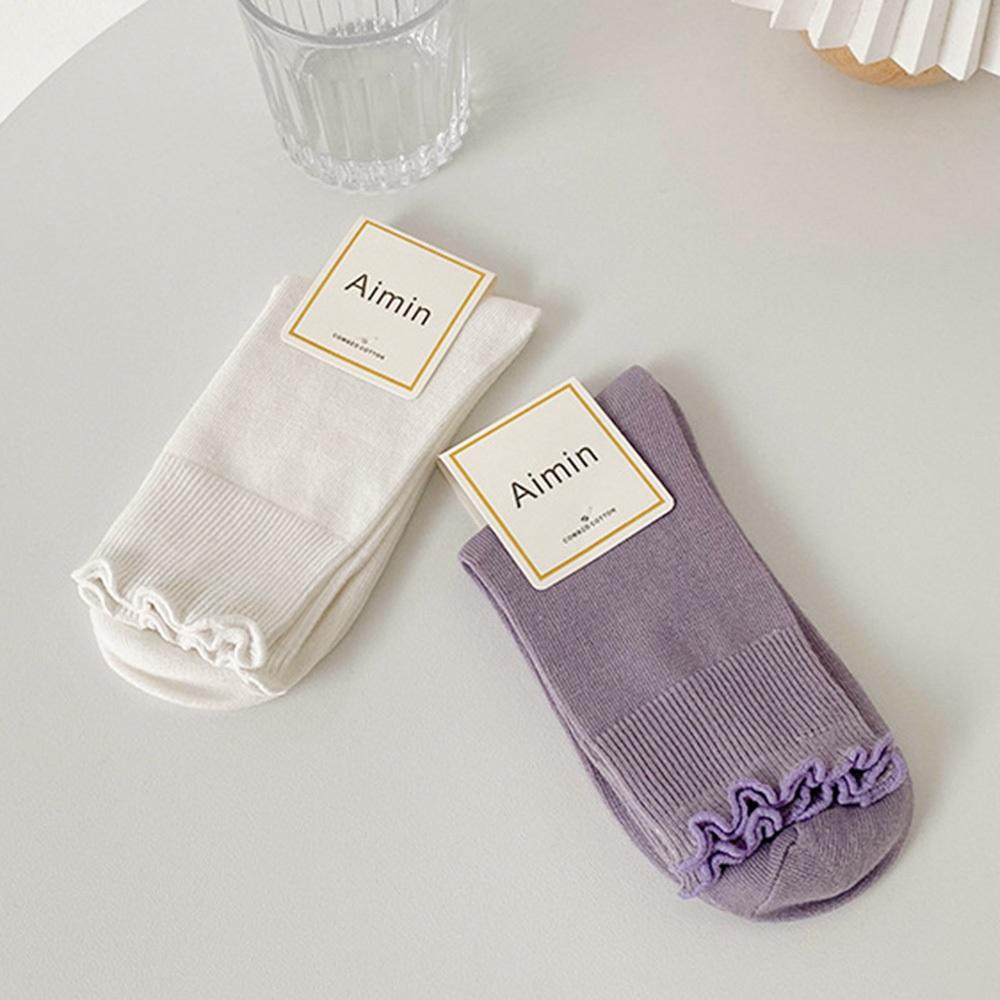 AHUA阿華有事嗎 莫蘭迪木耳捲邊中筒襪 S0513 韓妞必備 百搭純棉襪 韓系襪子 少女襪-細節圖6