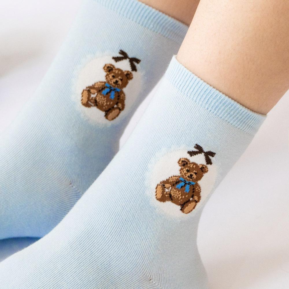 AHUA 韓國襪子 緞帶布偶小熊中筒襪 K2035 韓妞必備 百搭純棉襪 正韓襪子 少女襪 阿華有事嗎-細節圖4