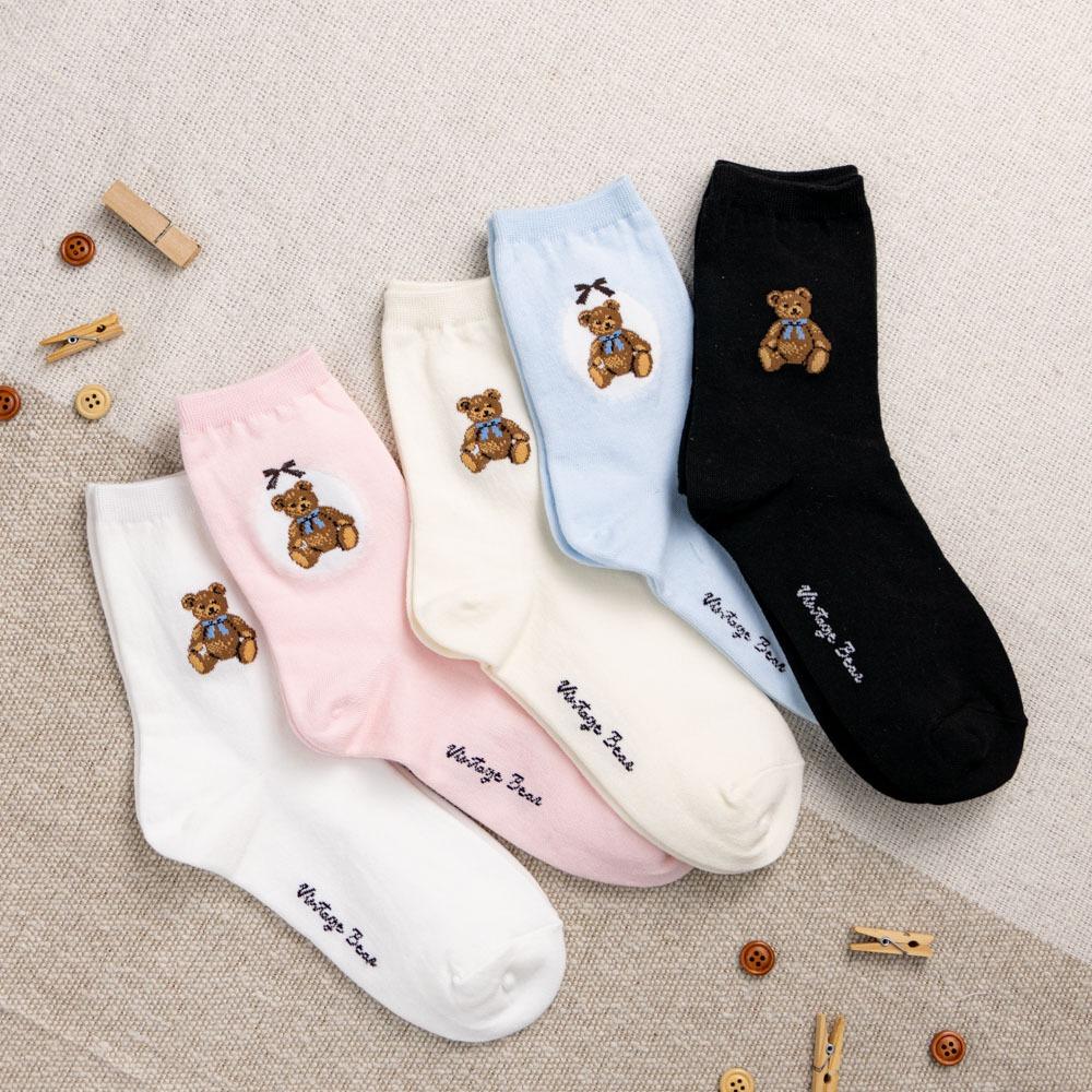 AHUA 韓國襪子 緞帶布偶小熊中筒襪 K2035 韓妞必備 百搭純棉襪 正韓襪子 少女襪 阿華有事嗎-細節圖5