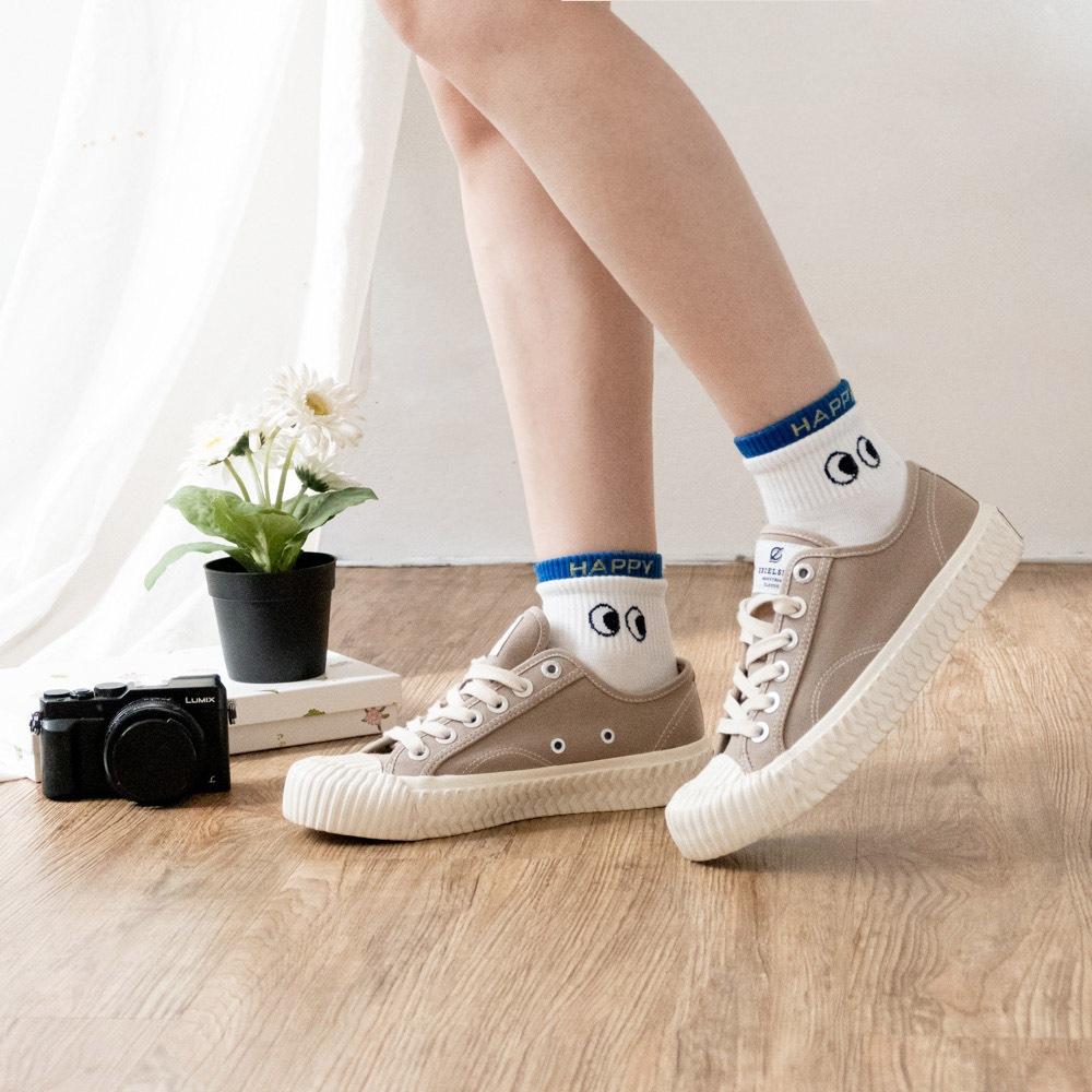 AHUA 韓國襪子 雙層襪口拼色HAPPY眼睛短襪 K2028 韓妞必備 百搭純棉襪 正韓襪子 少女襪 阿華有事嗎-細節圖3