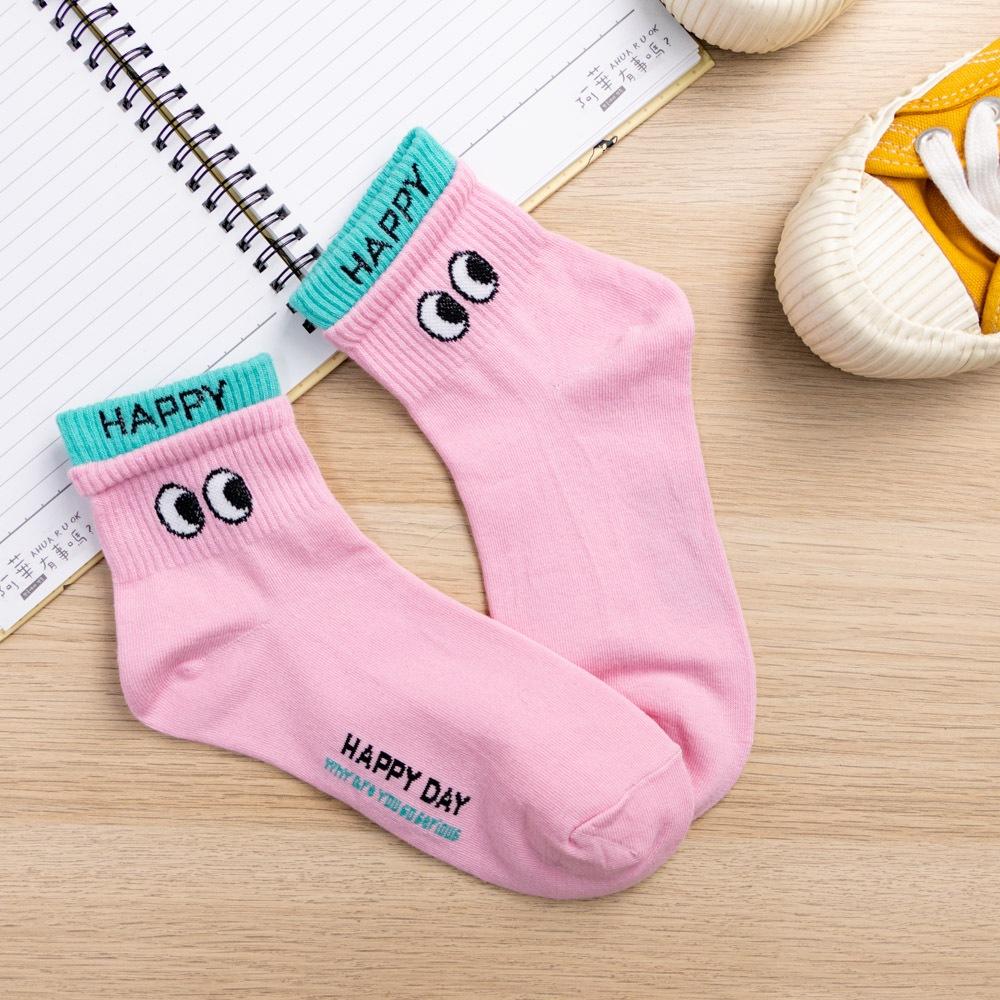 AHUA 韓國襪子 雙層襪口拼色HAPPY眼睛短襪 K2028 韓妞必備 百搭純棉襪 正韓襪子 少女襪 阿華有事嗎-細節圖9