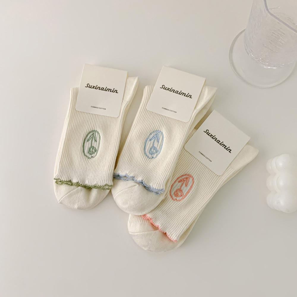 AHUA阿華有事嗎 奶油系刺繡鬱金香花邊中筒襪 S0514 韓妞必備 百搭純棉襪 韓系襪子 少女襪-細節圖6