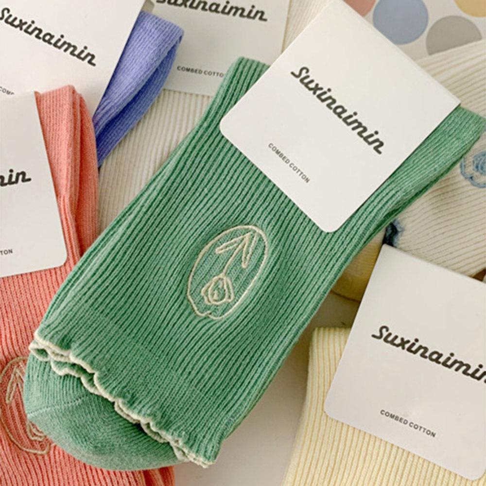 AHUA阿華有事嗎 奶油系刺繡鬱金香花邊中筒襪 S0514 韓妞必備 百搭純棉襪 韓系襪子 少女襪-細節圖7