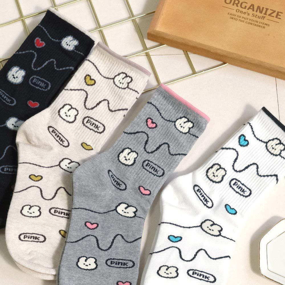 AHUA阿華有事嗎 滿版兔子愛心波浪符號中筒襪 K2275 正韓襪子 百搭純棉襪 韓妞必備 少女襪-細節圖5