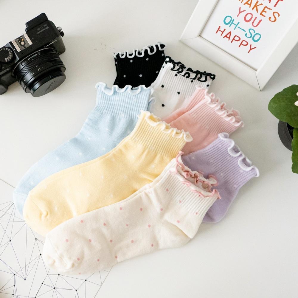 AHUA 韓國襪子 滿版粉嫩雪點木耳捲邊短襪 K2062 韓妞必備 百搭純棉襪 正韓襪子 少女襪 阿華有事嗎-細節圖4