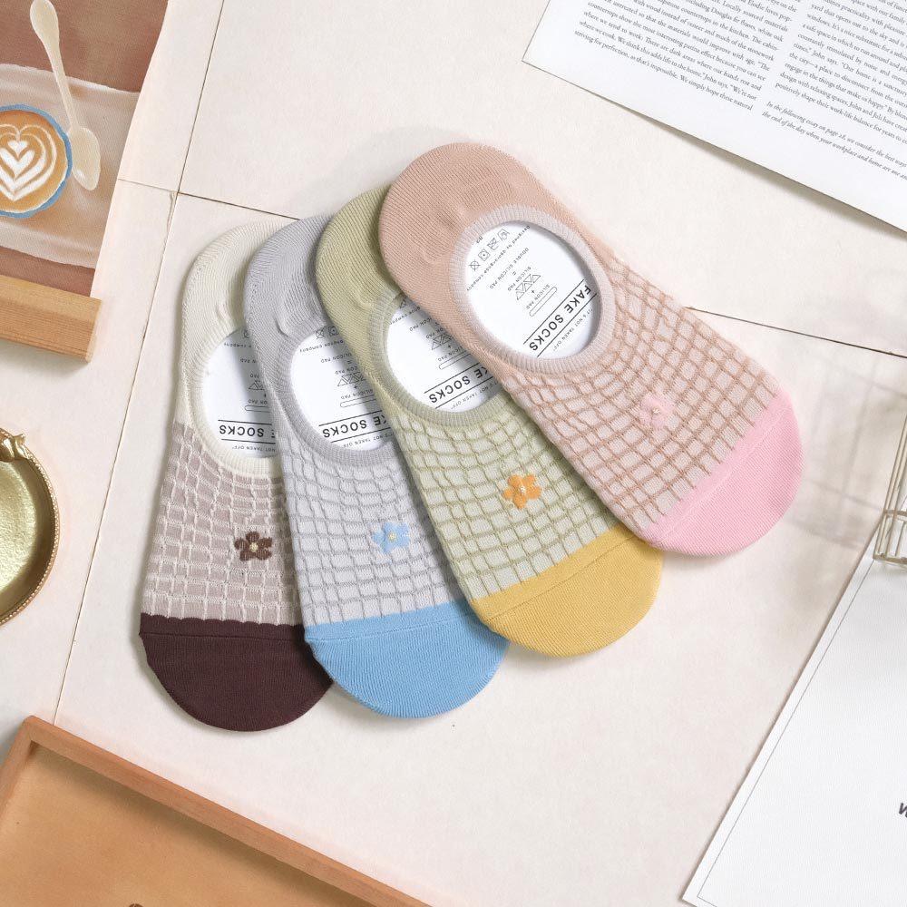 AHUA阿華有事嗎 鬆餅格紋小花前跟拼色隱形襪 K2166 正韓襪子 百搭純棉襪 韓妞必備 少女襪-細節圖3