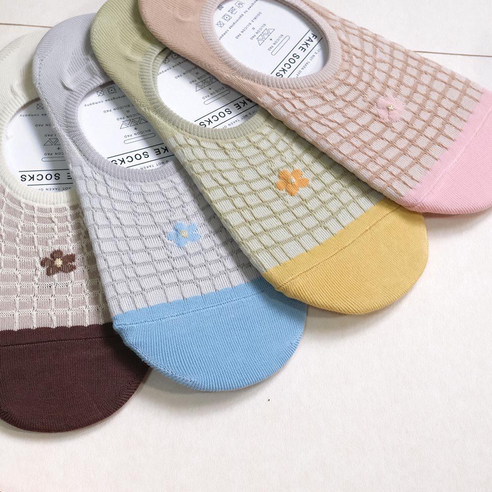 AHUA阿華有事嗎 鬆餅格紋小花前跟拼色隱形襪 K2166 正韓襪子 百搭純棉襪 韓妞必備 少女襪-細節圖4