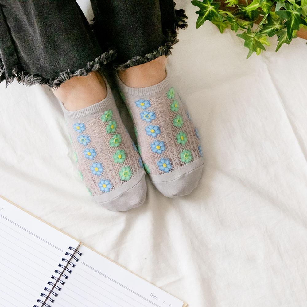 AHUA阿華有事嗎 滿版網眼直條跳色六瓣花船型襪 K2086 正韓襪子 百搭純棉襪 韓妞必備 少女襪-細節圖3