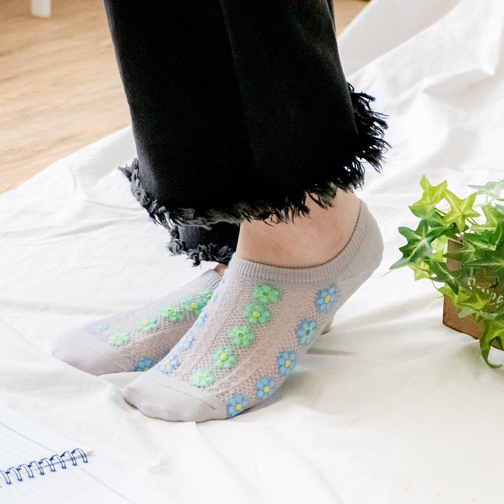 AHUA阿華有事嗎 滿版網眼直條跳色六瓣花船型襪 K2086 正韓襪子 百搭純棉襪 韓妞必備 少女襪-細節圖4