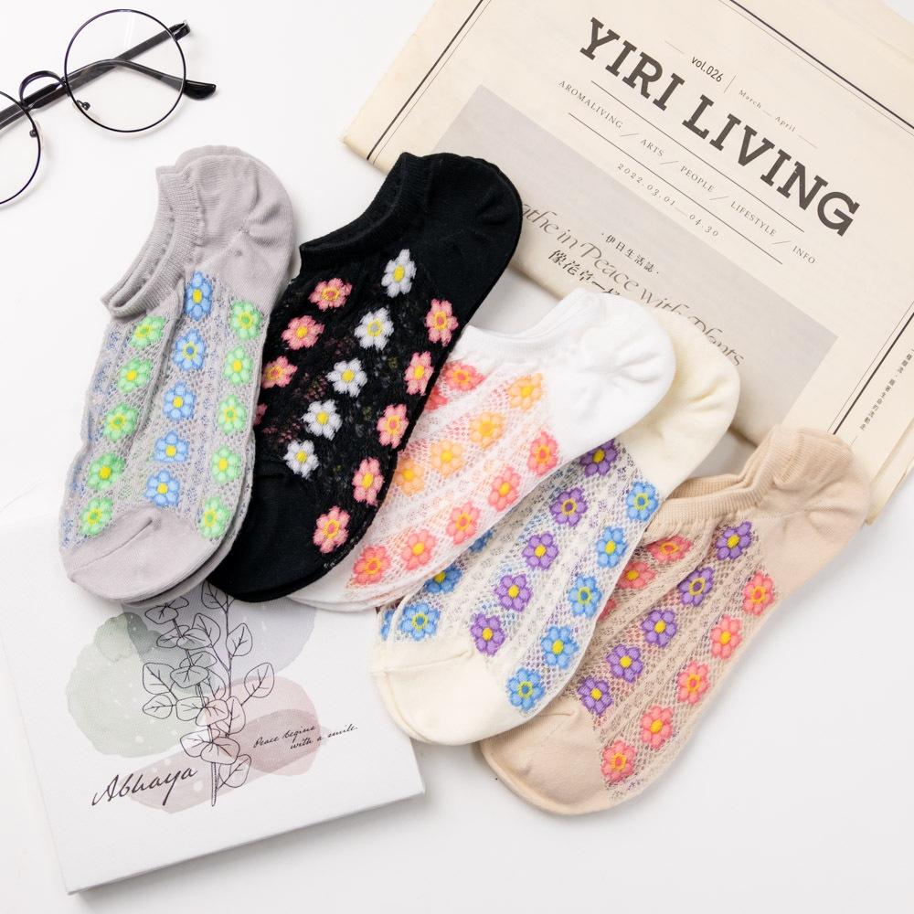 AHUA阿華有事嗎 滿版網眼直條跳色六瓣花船型襪 K2086 正韓襪子 百搭純棉襪 韓妞必備 少女襪-細節圖6