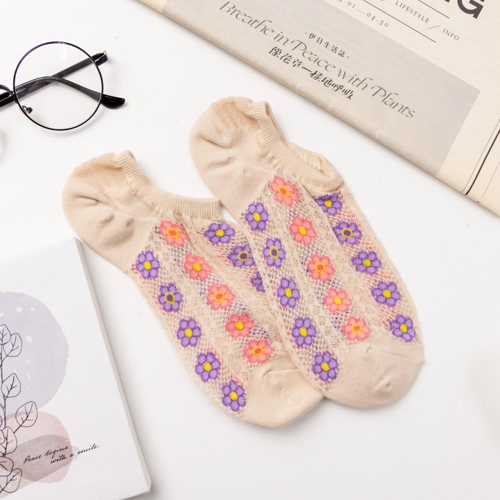 AHUA阿華有事嗎 滿版網眼直條跳色六瓣花船型襪 K2086 正韓襪子 百搭純棉襪 韓妞必備 少女襪-細節圖8