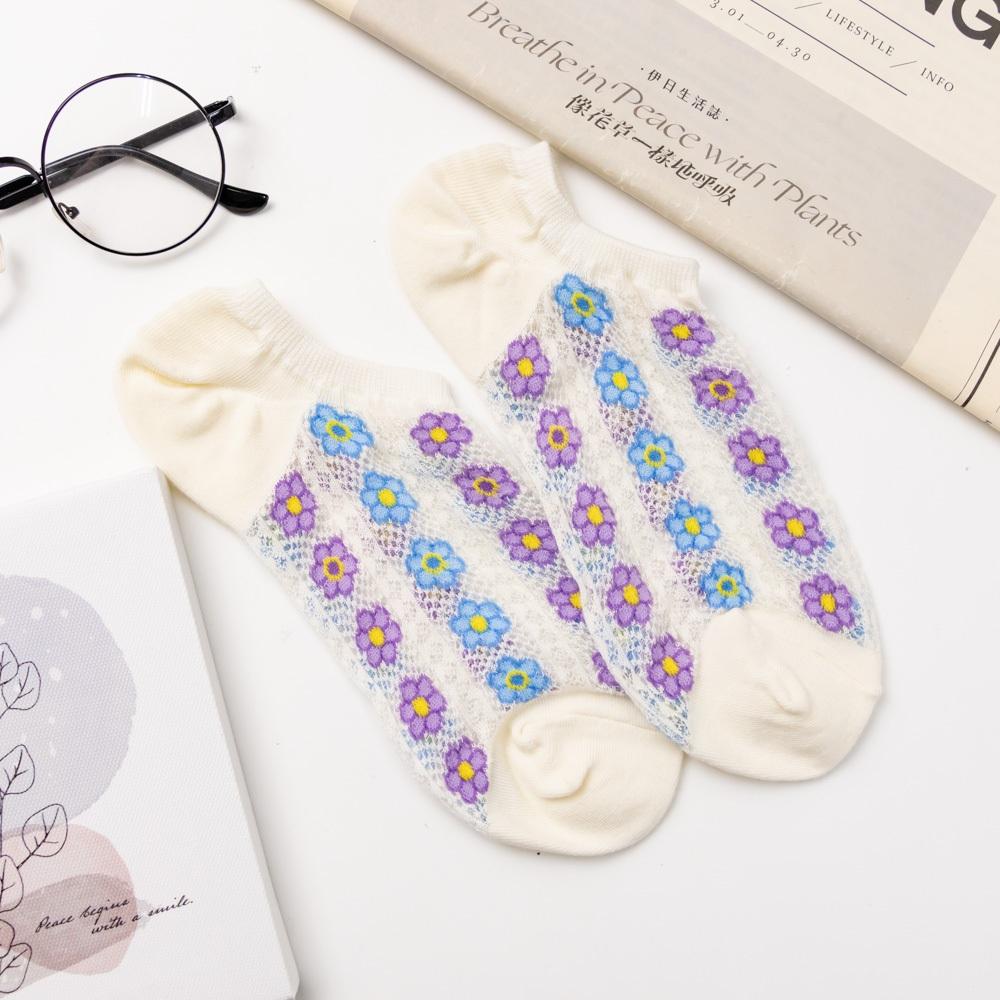 AHUA阿華有事嗎 滿版網眼直條跳色六瓣花船型襪 K2086 正韓襪子 百搭純棉襪 韓妞必備 少女襪-細節圖9