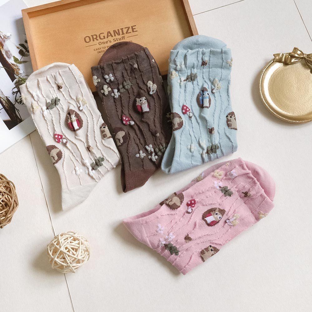 AHUA阿華有事嗎 滿版微金蔥木紋樹洞貓頭鷹中筒襪 K2201 正韓襪子 百搭純棉襪 韓妞必備 少女襪-細節圖3