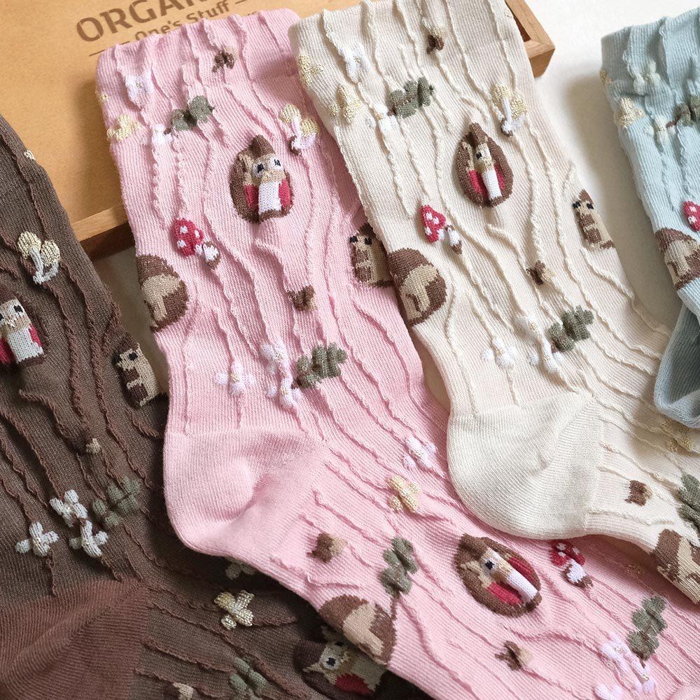 AHUA阿華有事嗎 滿版微金蔥木紋樹洞貓頭鷹中筒襪 K2201 正韓襪子 百搭純棉襪 韓妞必備 少女襪-細節圖5