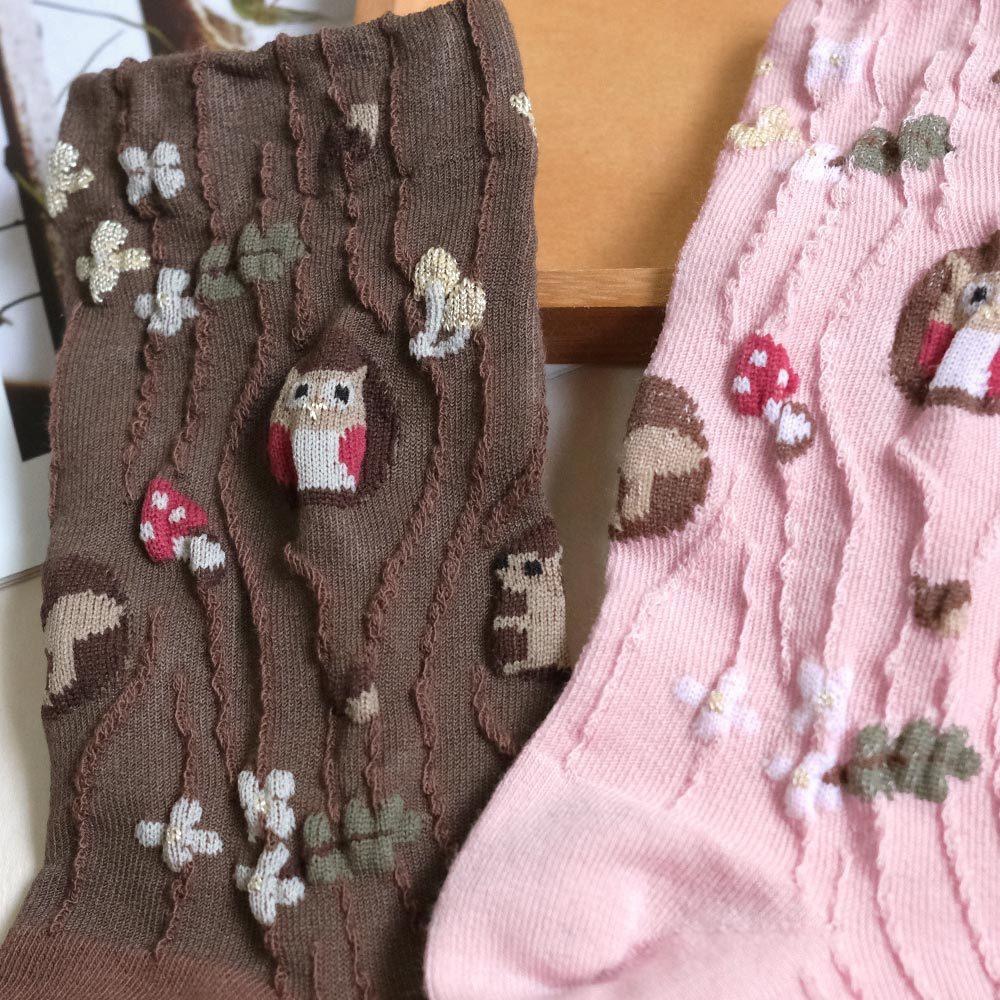 AHUA阿華有事嗎 滿版微金蔥木紋樹洞貓頭鷹中筒襪 K2201 正韓襪子 百搭純棉襪 韓妞必備 少女襪-細節圖6