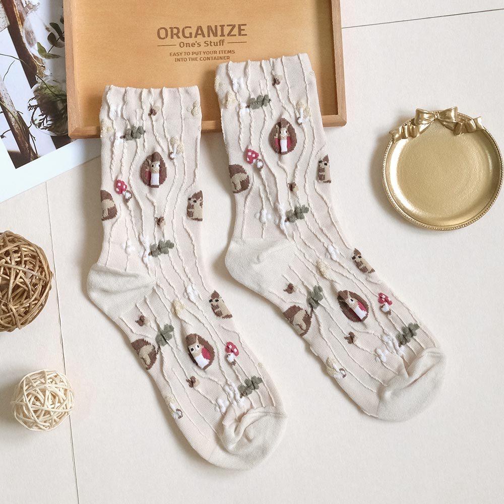 AHUA阿華有事嗎 滿版微金蔥木紋樹洞貓頭鷹中筒襪 K2201 正韓襪子 百搭純棉襪 韓妞必備 少女襪-細節圖7