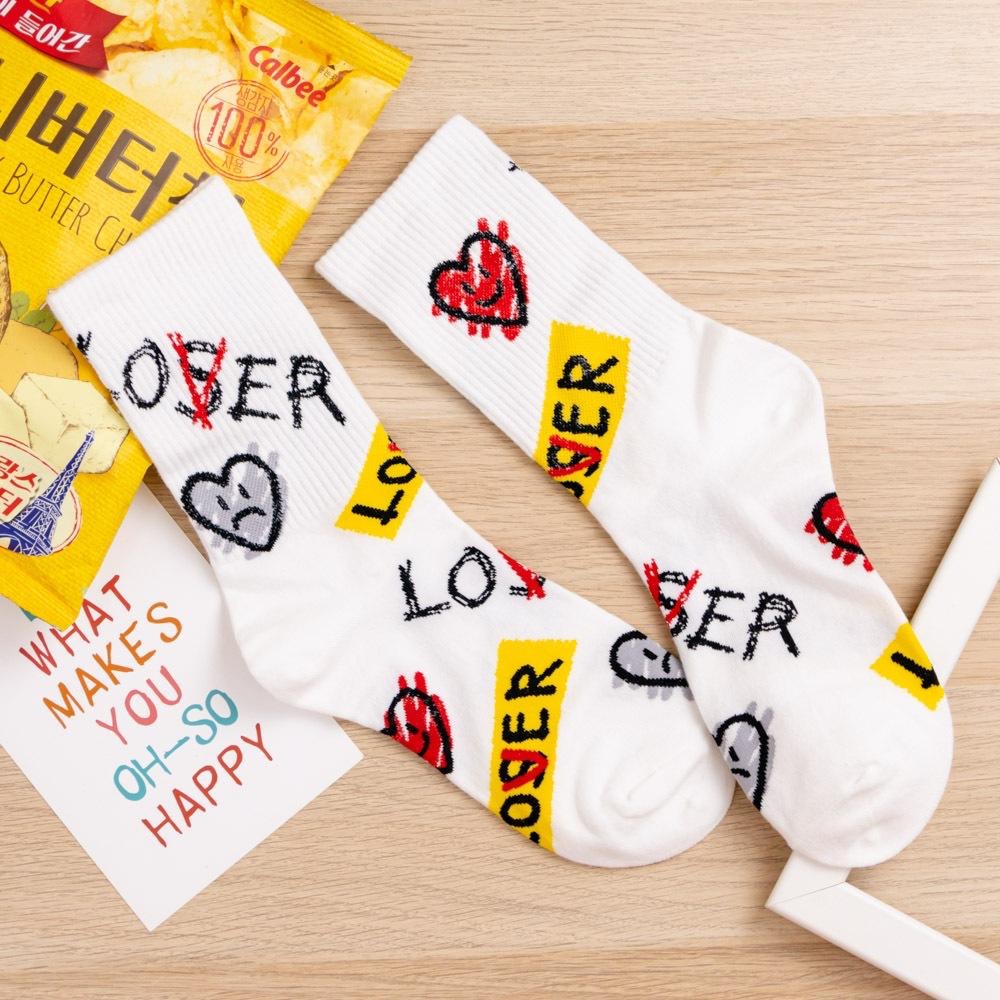 AHUA 韓國襪子 LOVER英文愛心塗鴉中筒襪 K2008 韓妞必備 百搭純棉襪 正韓襪子 少女襪 阿華有事嗎-細節圖9