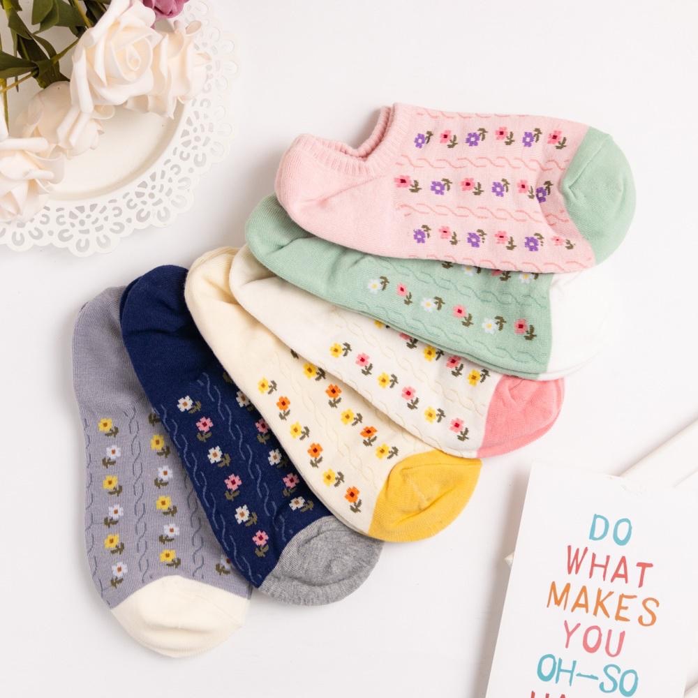 AHUA 韓國襪子 滿版直條雙色小花前跟拼色船型襪 K2016 韓妞必備 百搭純棉襪 正韓襪子 少女襪 阿華有事嗎-細節圖5