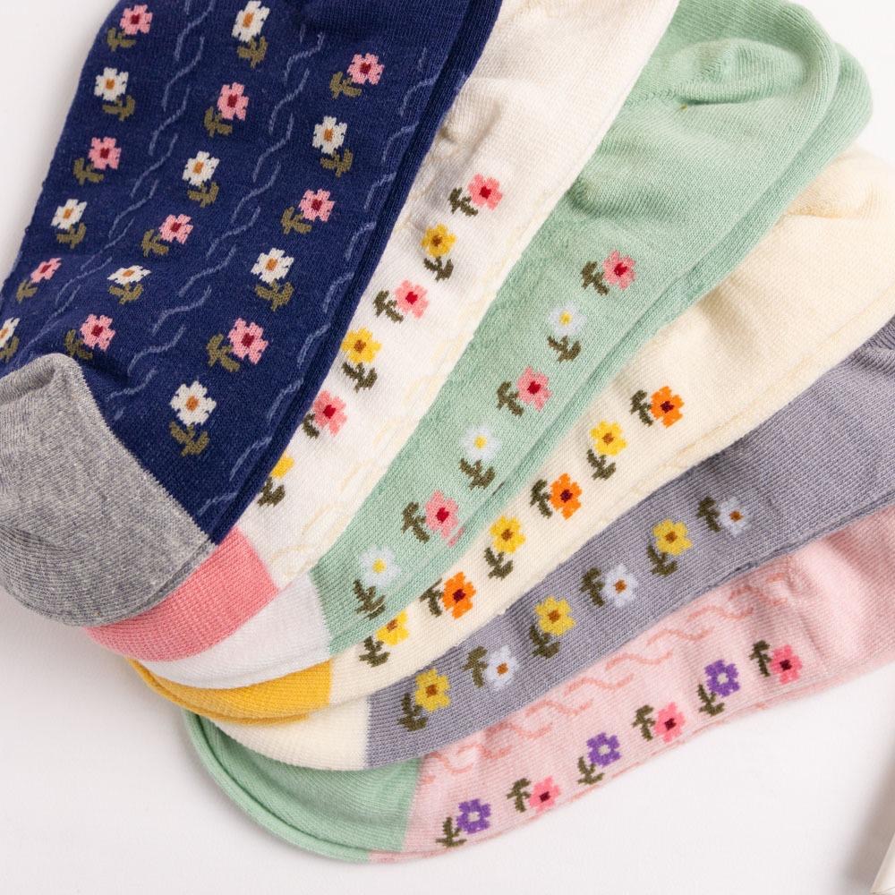 AHUA 韓國襪子 滿版直條雙色小花前跟拼色船型襪 K2016 韓妞必備 百搭純棉襪 正韓襪子 少女襪 阿華有事嗎-細節圖6