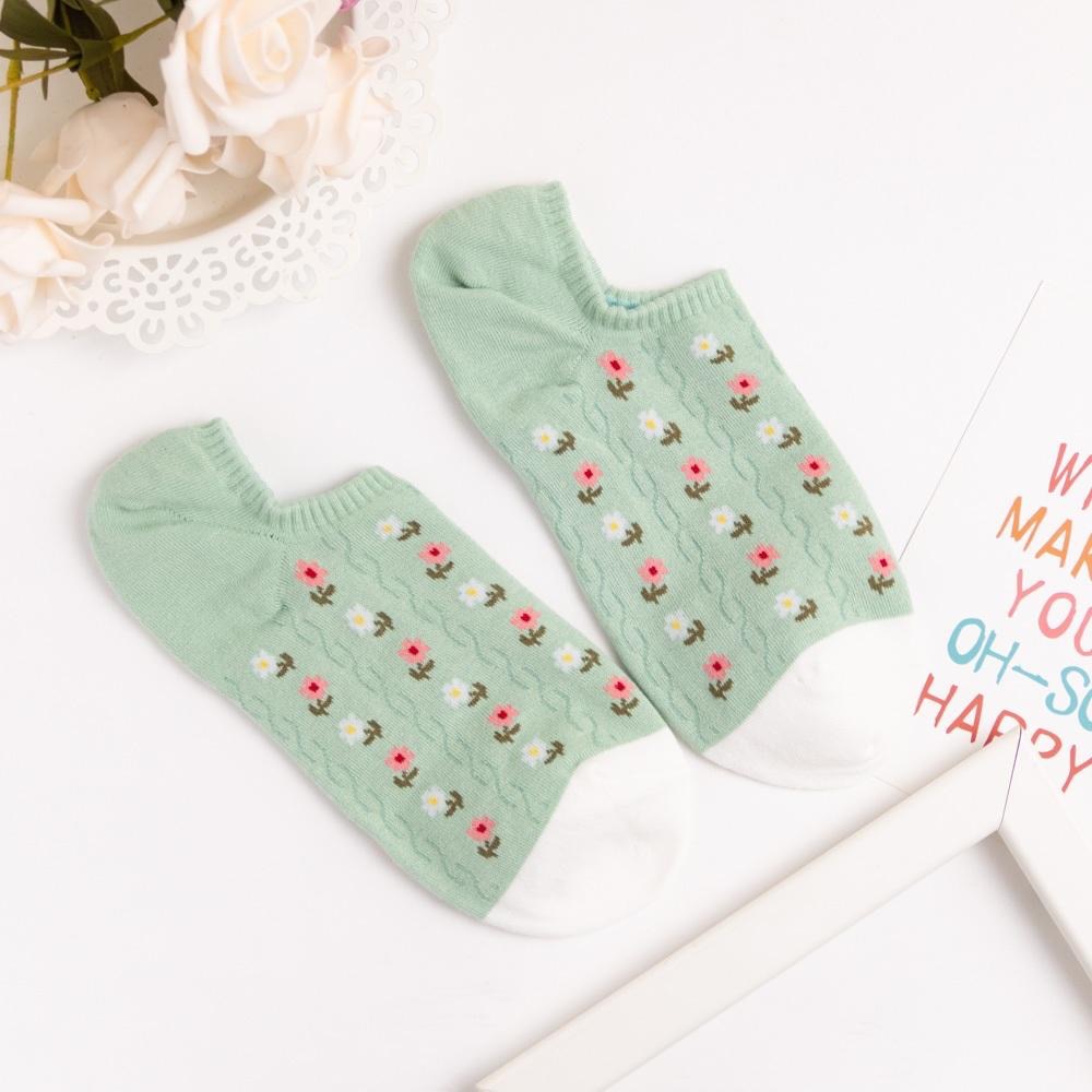 AHUA 韓國襪子 滿版直條雙色小花前跟拼色船型襪 K2016 韓妞必備 百搭純棉襪 正韓襪子 少女襪 阿華有事嗎-細節圖8