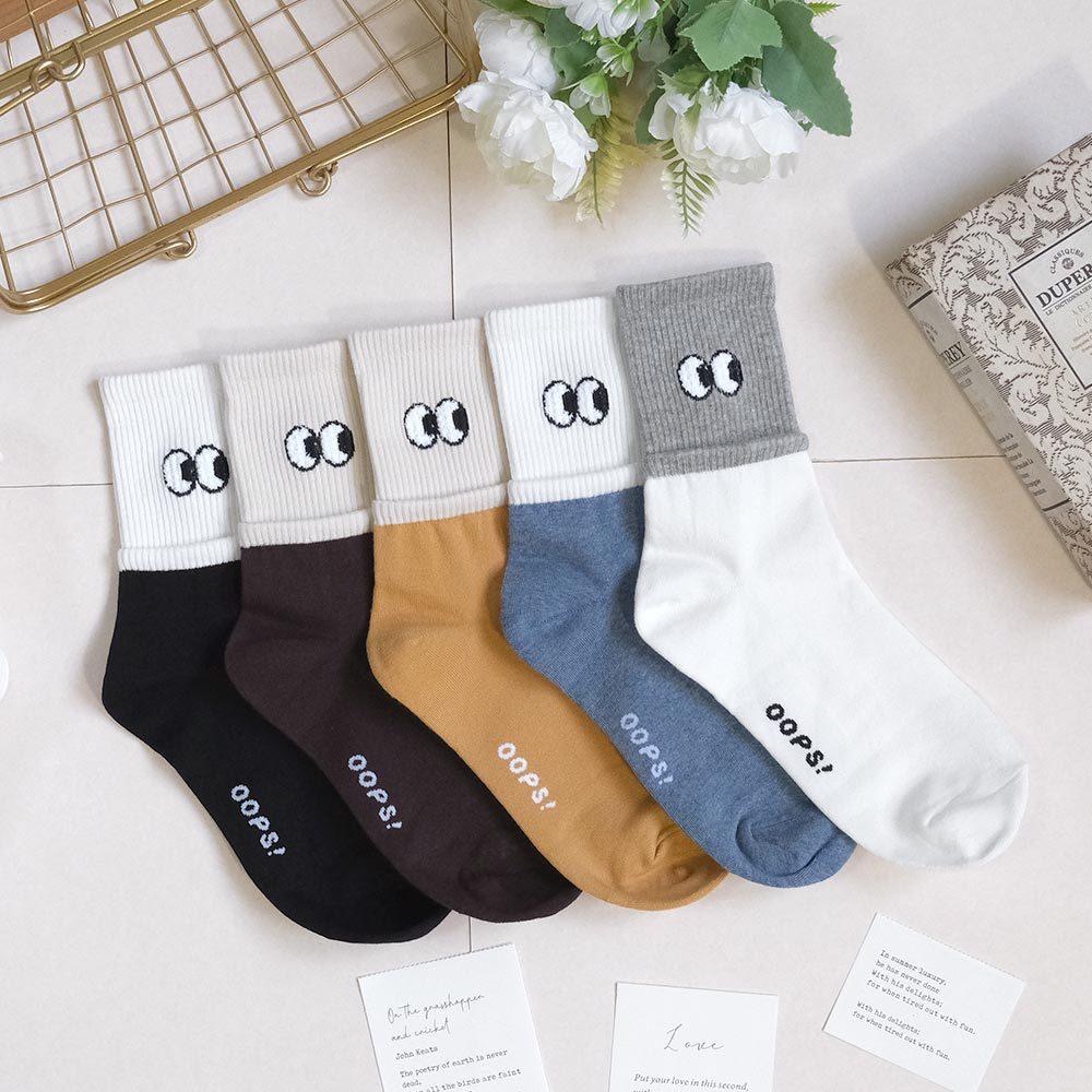 AHUA阿華有事嗎 立體毛毛眼睛雙層襪口拼色中筒襪 K2146 正韓襪子 百搭純棉襪 韓妞必備 少女襪-細節圖3