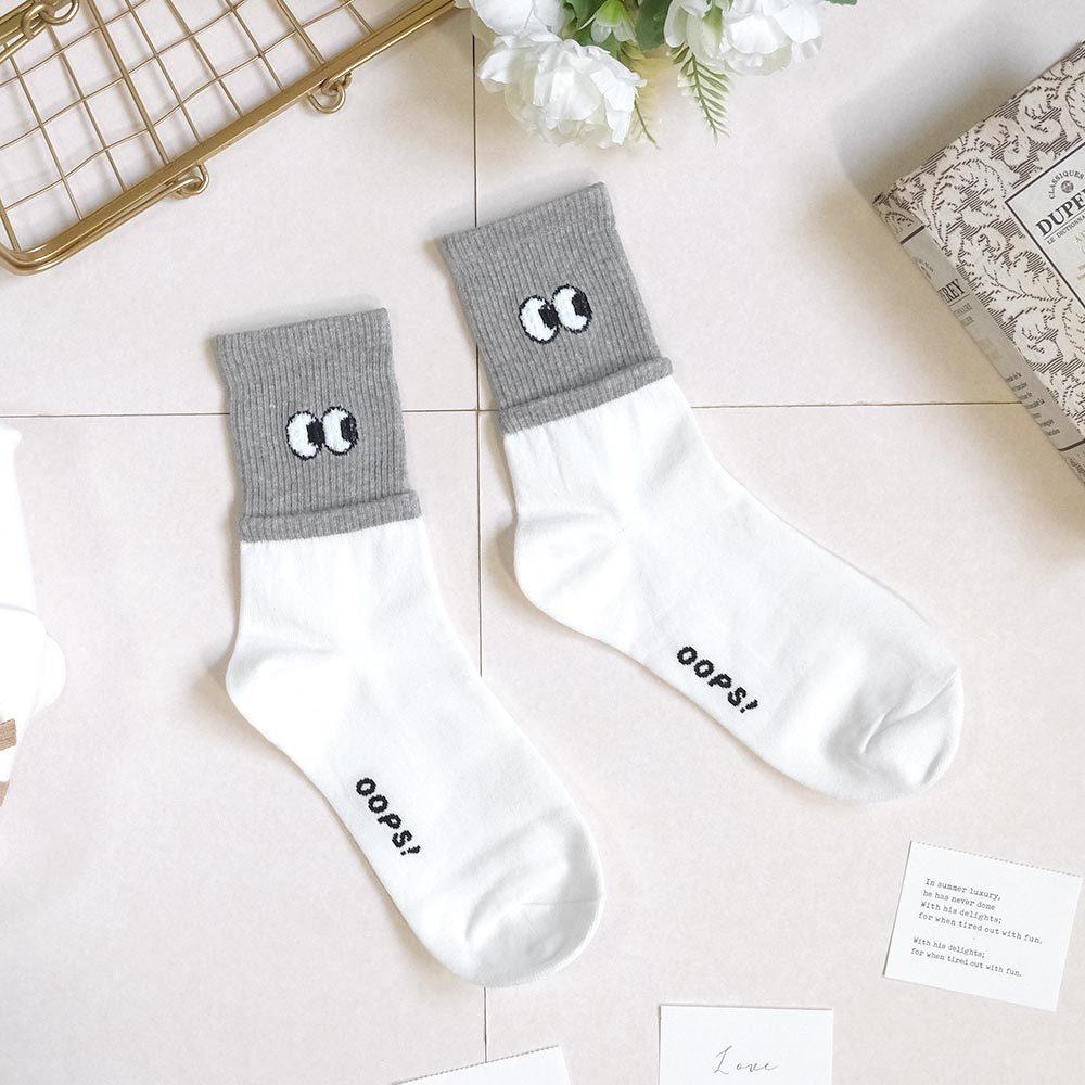 AHUA阿華有事嗎 立體毛毛眼睛雙層襪口拼色中筒襪 K2146 正韓襪子 百搭純棉襪 韓妞必備 少女襪-細節圖6