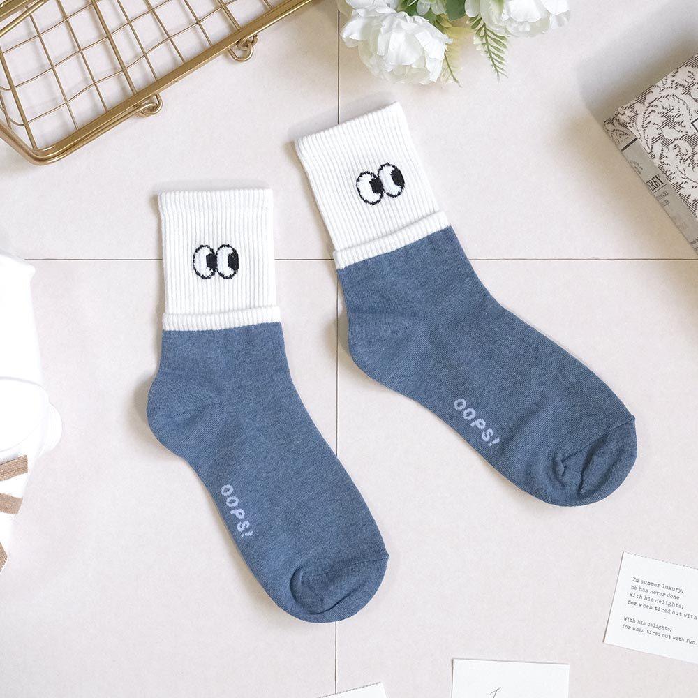 AHUA阿華有事嗎 立體毛毛眼睛雙層襪口拼色中筒襪 K2146 正韓襪子 百搭純棉襪 韓妞必備 少女襪-細節圖7