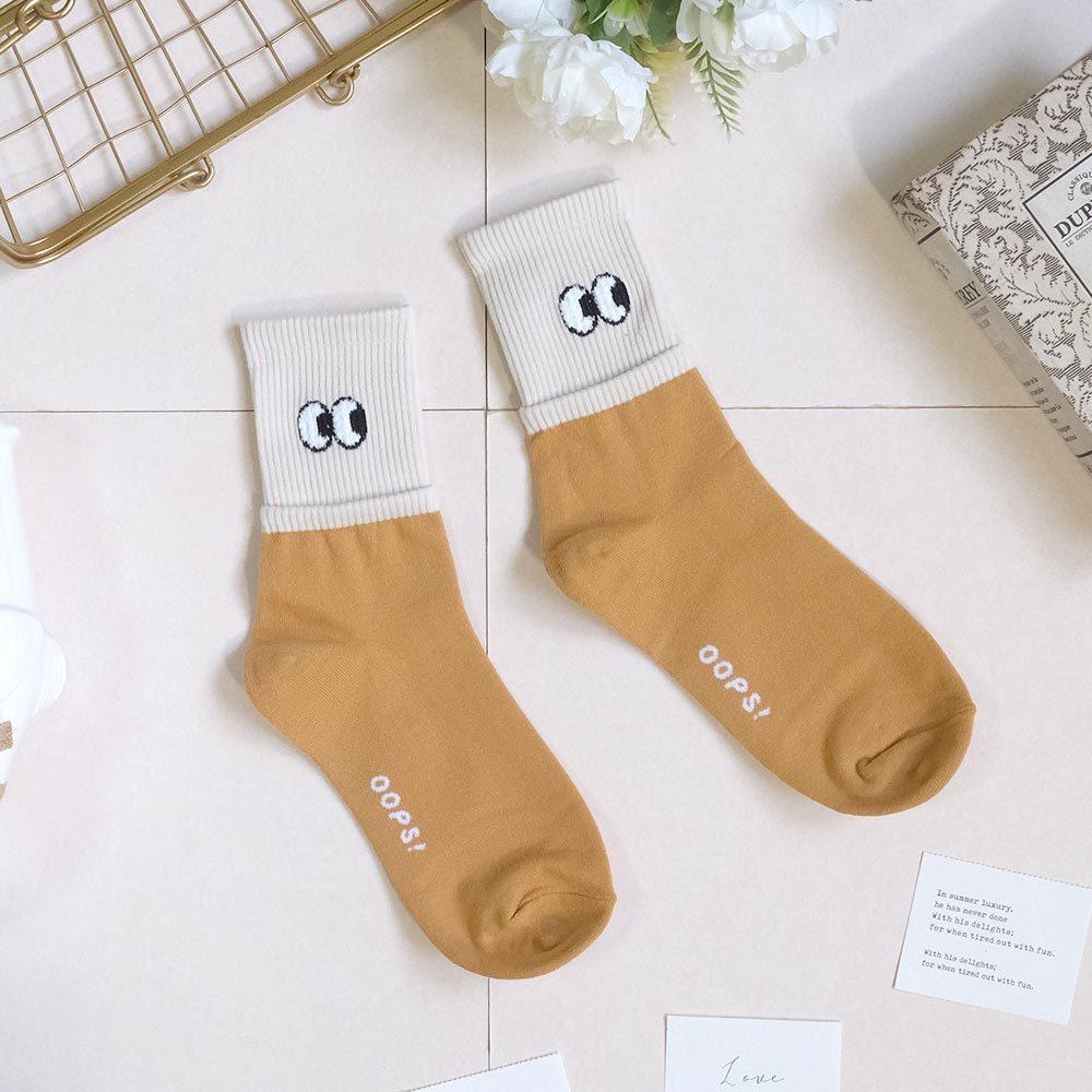 AHUA阿華有事嗎 立體毛毛眼睛雙層襪口拼色中筒襪 K2146 正韓襪子 百搭純棉襪 韓妞必備 少女襪-細節圖8