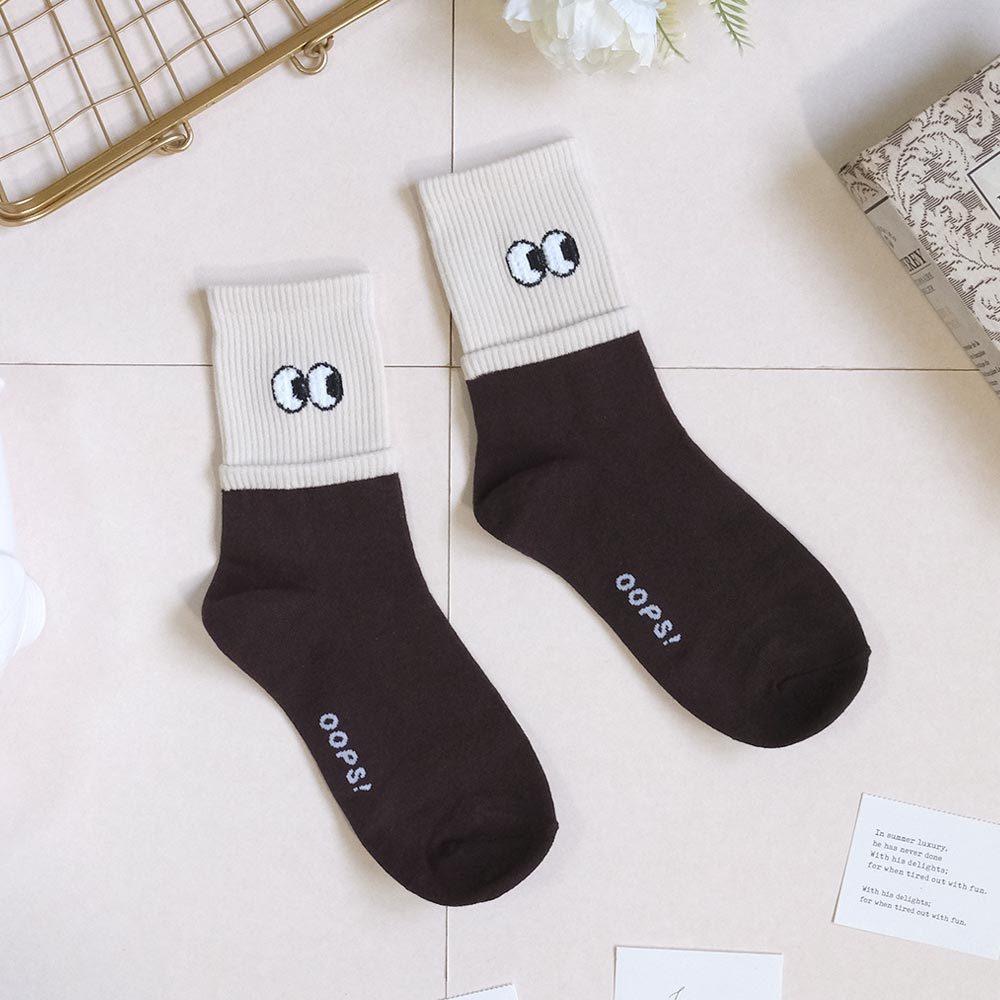 AHUA阿華有事嗎 立體毛毛眼睛雙層襪口拼色中筒襪 K2146 正韓襪子 百搭純棉襪 韓妞必備 少女襪-細節圖9
