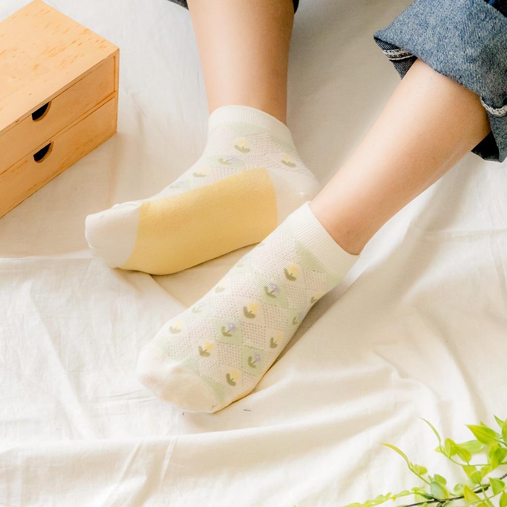 AHUA阿華有事嗎 滿版菱形小花腳底拼色網眼短襪 K2095 正韓襪子 百搭純棉襪 韓妞必備 少女襪-細節圖4