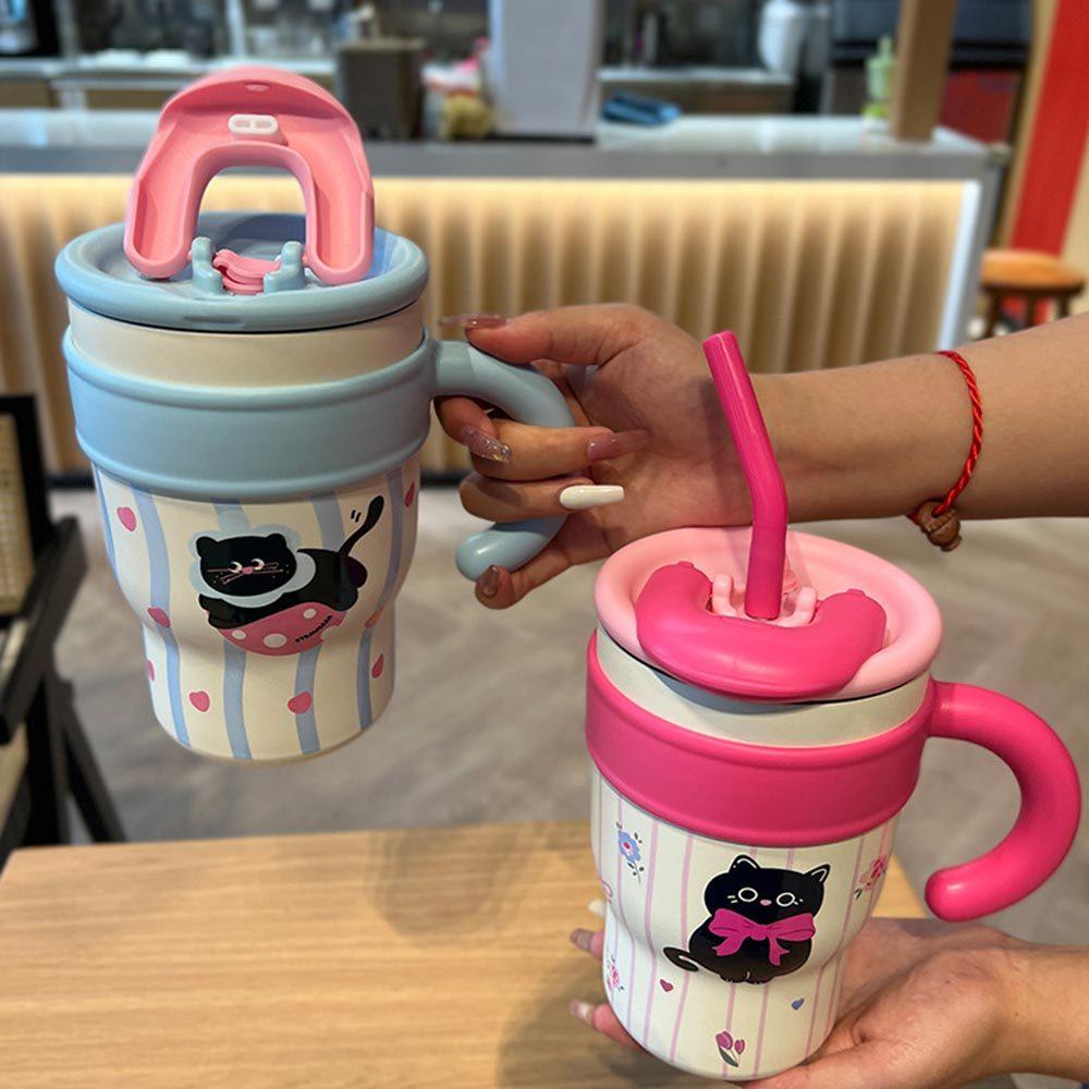 AHUA阿華有事嗎 可愛黑貓吸管保溫不鏽鋼手柄杯 F0056 生活百貨 吸管水杯 保溫杯-細節圖3